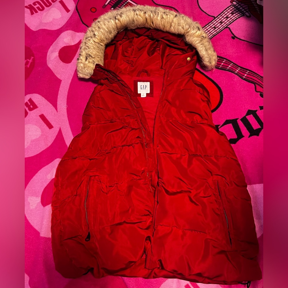 Vintage Gap Vibrant Red Vest with Faux Fur Hood